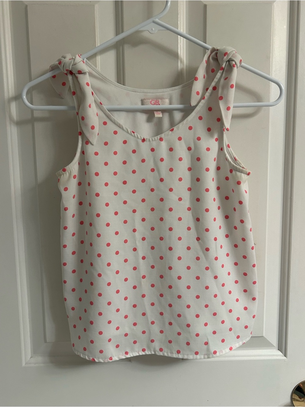GB Girls White With Pink Polka Dot Tie-Shoulder Tank Top